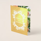 ゴールド箔オレンジ水彩花イラストのウェディング招待状 箔カード (正面)