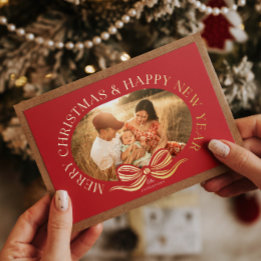 ゴールド箔クリスマスリボンの赤いメリークリスマスカード 箔招待状