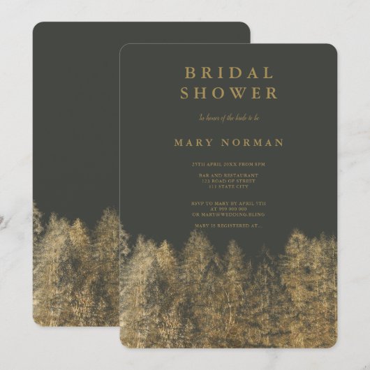 ゴールド箔グレーの秋の松の木のブライダルシャワー 招待状 (正面/裏面)