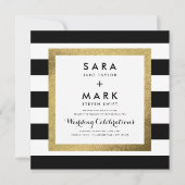 ゴールド箔ストライプ付き白黒結婚製 招待状 (正面)