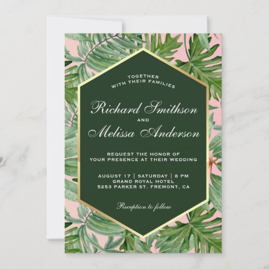ゴールド箔トロピカルグリーンの葉の結婚式招待状 招待状 (正面)