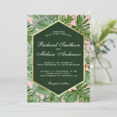 ゴールド箔トロピカルグリーンの葉の結婚式招待状 招待状 (スタンド正面)