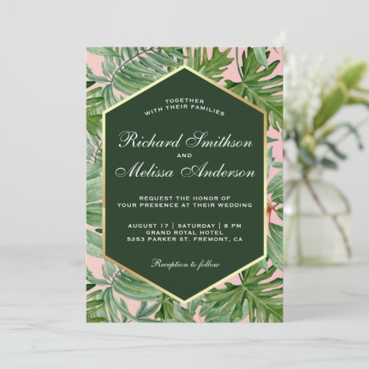 ゴールド箔トロピカルグリーンの葉の結婚式招待状 招待状 (スタンド正面)