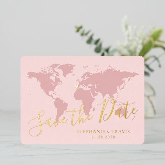ゴールド箔ピンクの世界地図の目的地 - 保存日付 箔招待状 (立ち正面)