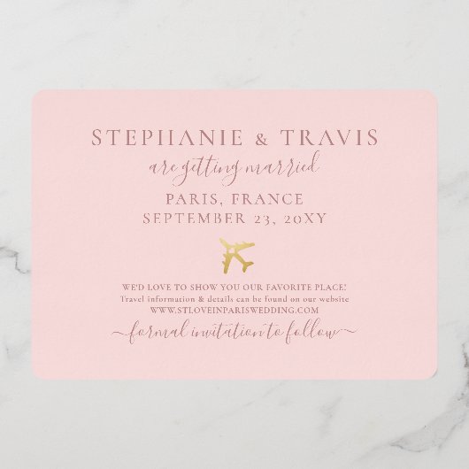 ゴールド箔ピンクの世界地図の目的地 - 保存日付 箔招待状 (裏面)