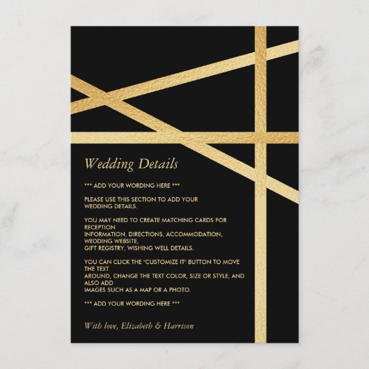 ゴールド箔効果の幾何学的なスタイルの結婚式の詳細 エンクロージャーカード (正面)