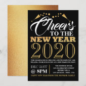 ゴールド箔効果、シャンパンの泡、新年 招待状 (正面/裏面)