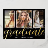 ゴールド箔卒業スクリプト3枚写真卒業 箔招待状 (正面)