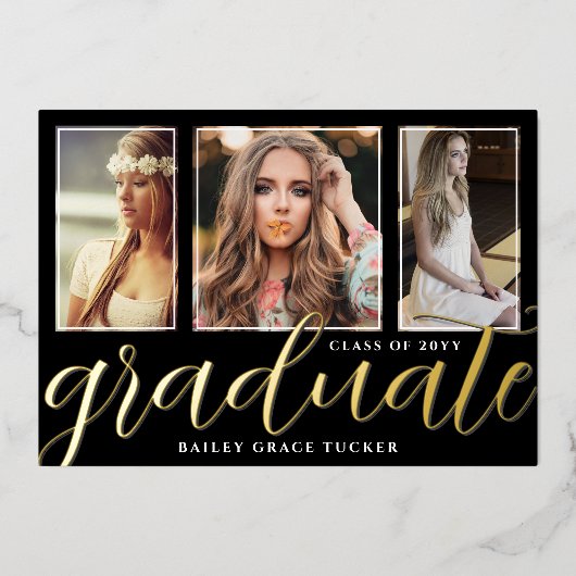 ゴールド箔卒業スクリプト3枚写真卒業 箔招待状 (正面)