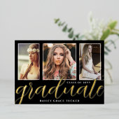 ゴールド箔卒業スクリプト3枚写真卒業 箔招待状 (立ち正面)