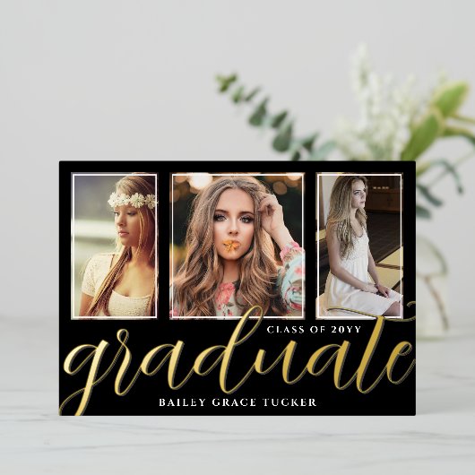 ゴールド箔卒業スクリプト3枚写真卒業 箔招待状 (立ち正面)