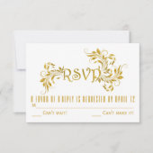 ゴールド箔押しのスクロール葉の花モチーフの結婚式への返信カード 招待状 (正面)