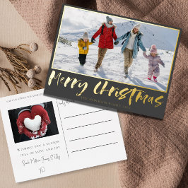 ゴールド箔押しカリグラフィーと写真のメリークリスマス 箔シーズンポストカード