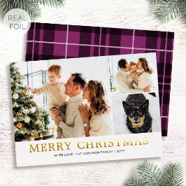 ゴールド箔押しクリスマス家族写真ピンクチェック 箔シーズンカード
