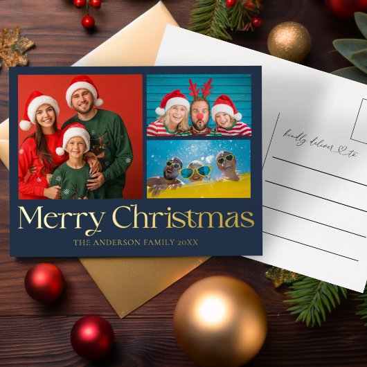 ゴールド箔押しクリスマス 3枚写真入り 箔シーズンポストカード