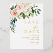 ゴールド箔押しピンクフラワー Save The Dates 箔招待状 (正面)