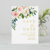 ゴールド箔押しピンクフラワー Save The Dates 箔招待状 (立ち正面)
