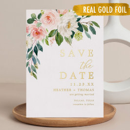 ゴールド箔押しピンクフラワー Save The Dates 箔招待状