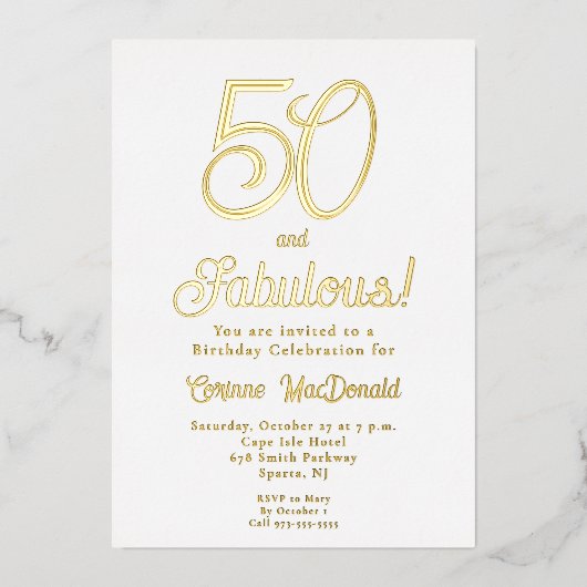 ゴールド箔押し ファイブティー&ファビュラス 50歳の誕生日パーティー 箔招待状 (正面)