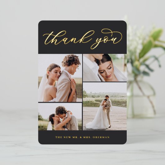 ゴールド箔4枚写真ウェディング感謝カード 箔招待状 (立ち正面)