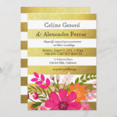 ゴールド箔 ストライプ フォークロア フラワー ウェディング フューシャ 招待状 (正面/裏面)