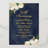 ゴールド箔 ネイビー ゴールド 花柄 50周年記念 箔招待状 (正面)