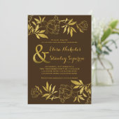 ゴールド箔 牡丹の花 ブラウン 結婚式 招待状 (スタンド正面)