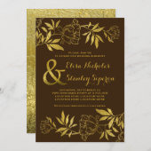 ゴールド箔 牡丹の花 ブラウン 結婚式 招待状 (正面/裏面)