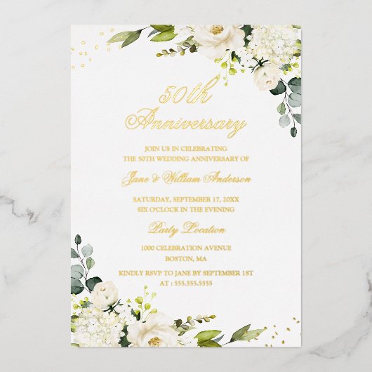 ゴールド箔 花 50周年記念箔押し招待状 箔招待状 (正面)