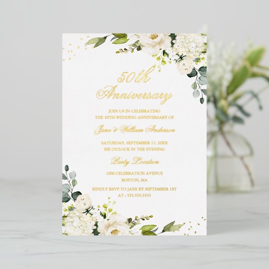 ゴールド箔 花 50周年記念箔押し招待状 箔招待状 (立ち正面)