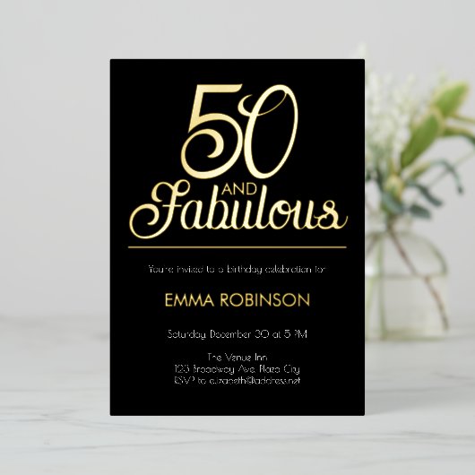 ゴールド箔「50 and Fabulous」五十歳の誕生日 箔招待状 (立ち正面)