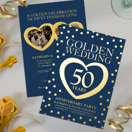 ゴールド結婚50周年パーティー 青とゴールド 箔招待状