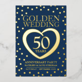 ゴールド結婚50周年パーティー 青とゴールド 箔招待状 (正面)