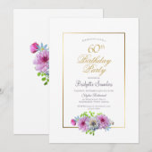 ゴールド縁取りピンク花柄 60歳誕生日パーティー 招待状 (正面/裏面)
