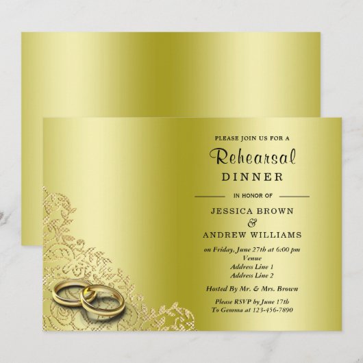 ゴールド装飾と指輪のスタイリッシュな結婚式リハーサル 招待状 (正面/裏面)