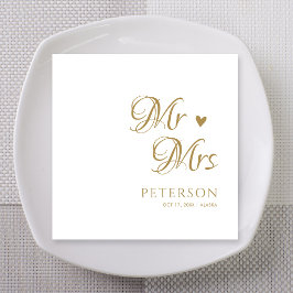 ゴールド装飾のカリグラフィー Mr & Mrs 苗字 スタンダードカクテルナプキン