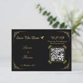 ゴールド装飾のクラシカルな結婚式RSVP（返信ハガキ）デザイン 出欠カード (スタンド正面)