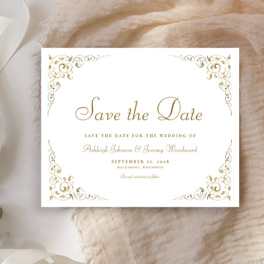 ゴールド装飾の植物モチーフフレーム付き Save The Date