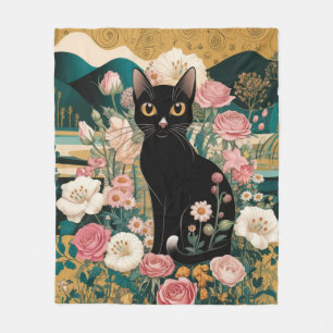 ゴールド装飾 グスタフ・クリムト風 ブラックキャットアート フリースブランケット