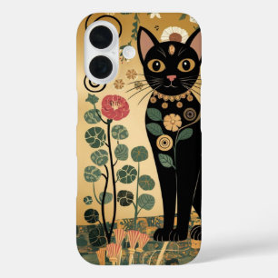 ゴールド装飾 グスタフ・クリムト風 ブラックキャットアート iPhone 16ケース