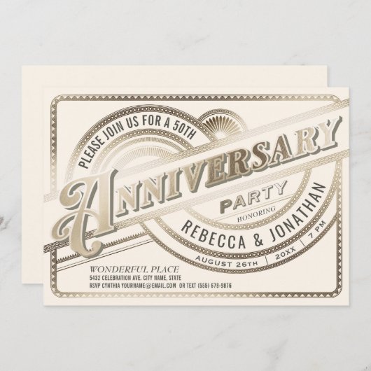 ゴールド50周年結婚式招待状 白 招待状 (正面/裏面)