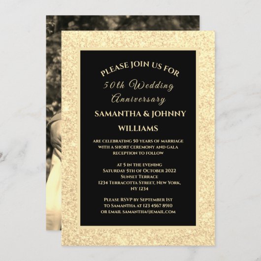 ゴールド50周年結婚記念日写真ゴールド 招待状 (正面/裏面)