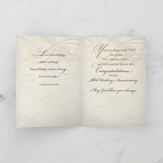 ゴールド50周年結婚記念日、パールとレース カード (内部)