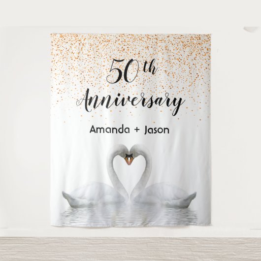 ゴールド50周年 白いスワンカップルが愛に満ちて タペストリー (正面)