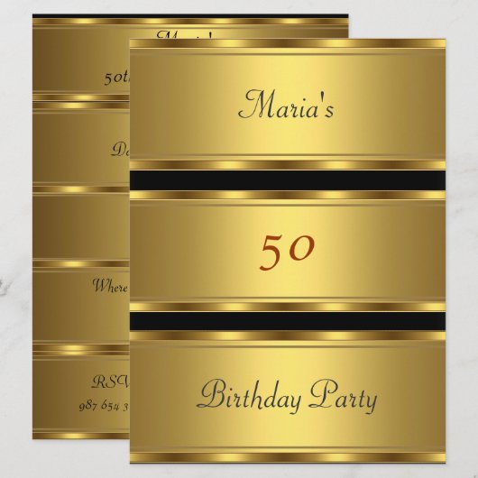 ゴールド50歳の誕生日パーティー ゴールド ブラック 招待状 (正面/裏面)