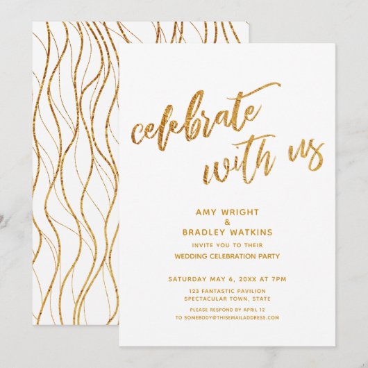 ゴールド お祝いしよう 白い結婚式の披露宴 招待状 (正面/裏面)