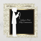 ゴールド アイボリー ダマスク ロザリオ 男の子 ファースト コミュニオン 招待状 (正面/裏面)