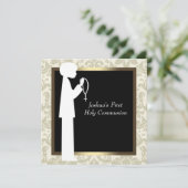 ゴールド アイボリー ダマスク ロザリオ 男の子 ファースト コミュニオン 招待状 (スタンド正面)