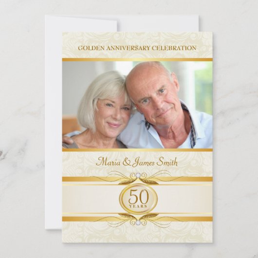 ゴールド＆アイボリー ダマスク 50周年 誕生日 招待状 (正面)