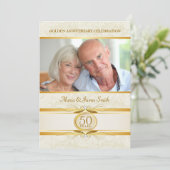 ゴールド＆アイボリー ダマスク 50周年 誕生日 招待状 (スタンド正面)